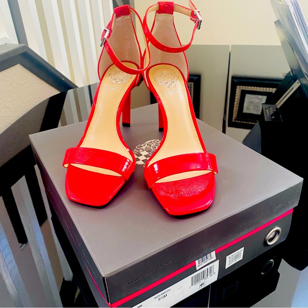 Vince Camuto Women's Leather Lauralie Glamour Red Ankle Strap Heeled Sandal